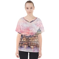 City Buildings Bridge Water River V-neck Dolman Drape Top by Simbadda