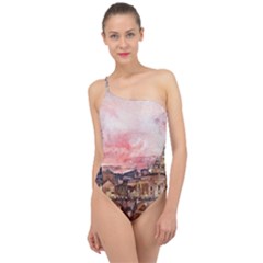 City Buildings Bridge Water River Classic One Shoulder Swimsuit by Simbadda