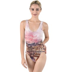 City Buildings Bridge Water River High Leg Strappy Swimsuit by Simbadda