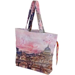 City Buildings Bridge Water River Drawstring Tote Bag by Simbadda