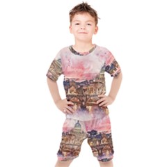 City Buildings Bridge Water River Kids  Tee And Shorts Set by Simbadda