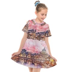 City Buildings Bridge Water River Kids  Short Sleeve Shirt Dress by Simbadda