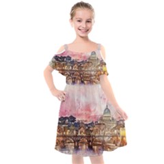 City Buildings Bridge Water River Kids  Cut Out Shoulders Chiffon Dress by Simbadda