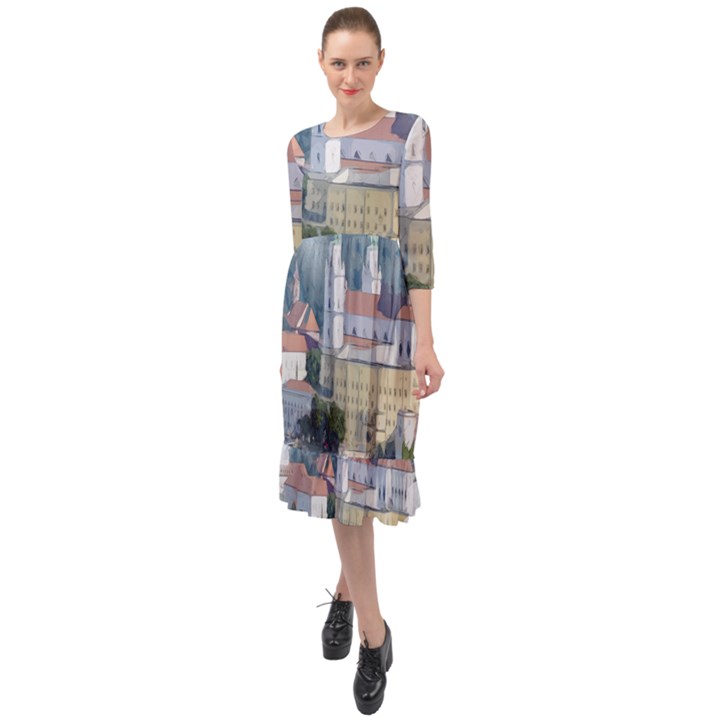 Architecture Old Sky Travel Ruffle End Midi Chiffon Dress