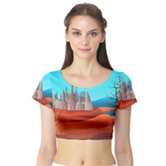 Castle Landscape Mountains Hills Short Sleeve Crop Top by Simbadda