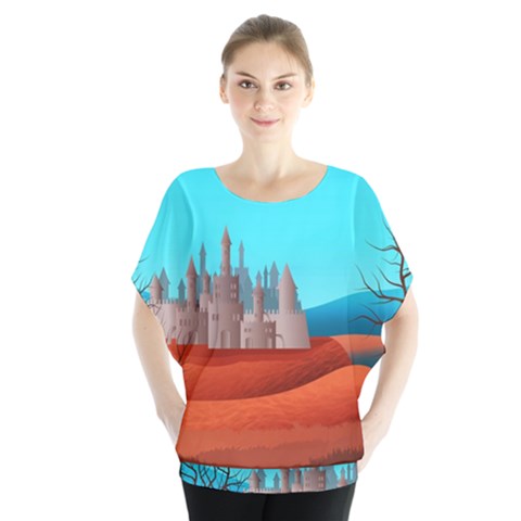 Castle Landscape Mountains Hills Batwing Chiffon Blouse by Simbadda