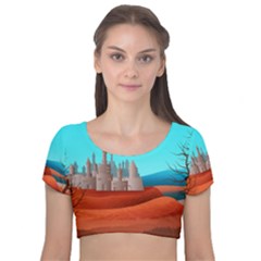 Castle Landscape Mountains Hills Velvet Short Sleeve Crop Top  by Simbadda