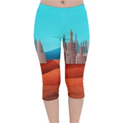 Castle Landscape Mountains Hills Velvet Capri Leggings  by Simbadda