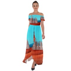 Castle Landscape Mountains Hills Off Shoulder Open Front Chiffon Dress