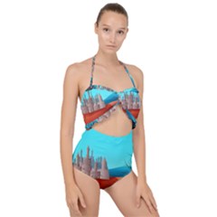 Castle Landscape Mountains Hills Scallop Top Cut Out Swimsuit