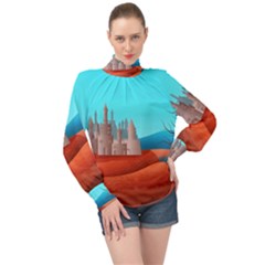 Castle Landscape Mountains Hills High Neck Long Sleeve Chiffon Top