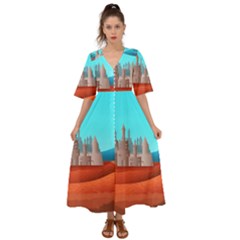 Castle Landscape Mountains Hills Kimono Sleeve Boho Dress