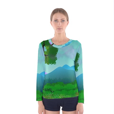 Landscape Illustration Nature Tree Women s Long Sleeve Tee by Simbadda