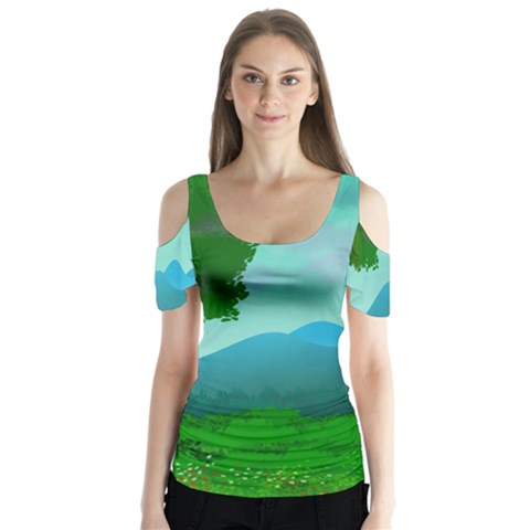 Landscape Illustration Nature Tree Butterfly Sleeve Cutout Tee  by Simbadda