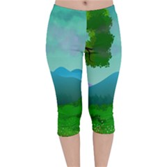 Landscape Illustration Nature Tree Velvet Capri Leggings  by Simbadda