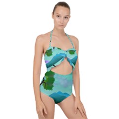 Landscape Illustration Nature Tree Scallop Top Cut Out Swimsuit