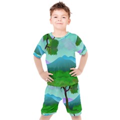 Landscape Illustration Nature Tree Kids  Tee And Shorts Set by Simbadda