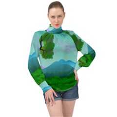 Landscape Illustration Nature Tree High Neck Long Sleeve Chiffon Top by Simbadda