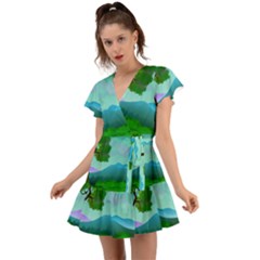 Landscape Illustration Nature Tree Flutter Sleeve Wrap Dress by Simbadda