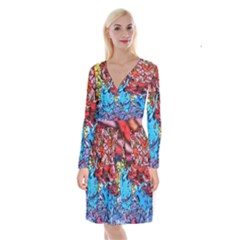 Graffiti Wall Mural Painting Arts Long Sleeve Velvet Front Wrap Dress by Simbadda