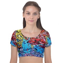 Graffiti Wall Mural Painting Arts Velvet Short Sleeve Crop Top  by Simbadda