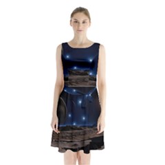 Lunar Landscape Star Brown Dwarf Sleeveless Waist Tie Chiffon Dress by Simbadda