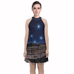 Lunar Landscape Star Brown Dwarf Velvet Halter Neckline Dress  by Simbadda