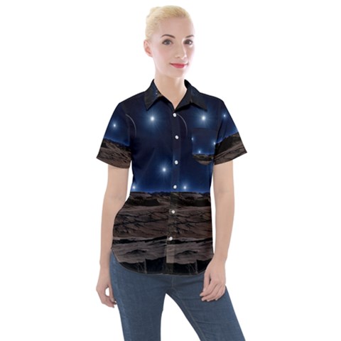 Lunar Landscape Star Brown Dwarf Women s Short Sleeve Pocket Shirt by Simbadda