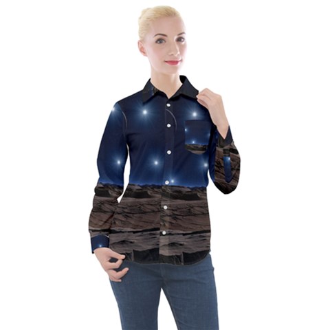 Lunar Landscape Star Brown Dwarf Women s Long Sleeve Pocket Shirt by Simbadda