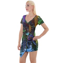 Venice City Italy Architecture Short Sleeve Asymmetric Mini Dress by Simbadda