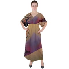 Landscape Illustration Nature Sky V-neck Boho Style Maxi Dress