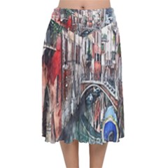 Venice Water Laguna Italy Velvet Flared Midi Skirt by Simbadda