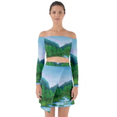 Landscape Nature Art Trees Water Off Shoulder Top With Skirt Set by Simbadda