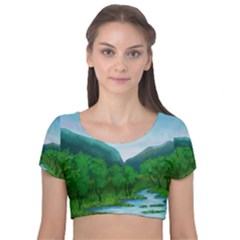 Landscape Nature Art Trees Water Velvet Short Sleeve Crop Top  by Simbadda