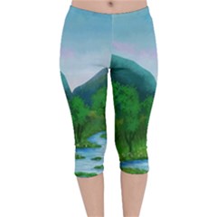 Landscape Nature Art Trees Water Velvet Capri Leggings  by Simbadda