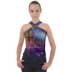 City Lights Skyline Buildings Cross Neck Velour Top by Simbadda