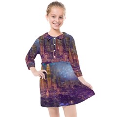 City Lights Skyline Buildings Kids  Quarter Sleeve Shirt Dress by Simbadda