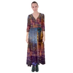 City Lights Skyline Buildings Button Up Maxi Dress