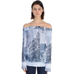 City Building Skyscraper Town Off Shoulder Long Sleeve Top by Simbadda