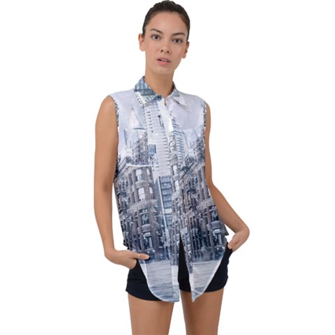 City Building Skyscraper Town Sleeveless Chiffon Button Shirt by Simbadda