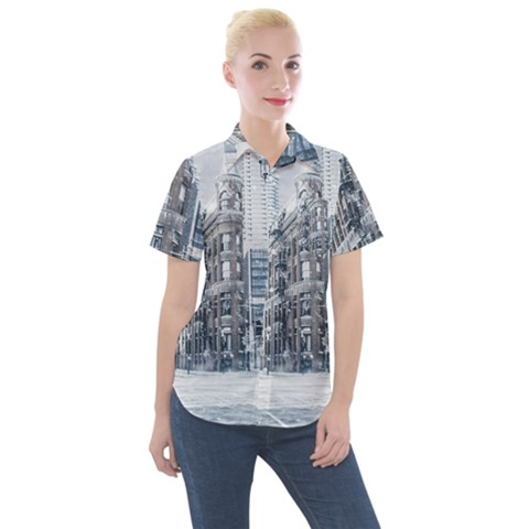 City Building Skyscraper Town Women s Short Sleeve Pocket Shirt by Simbadda