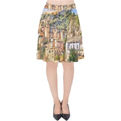 Architecture Town Travel Water Velvet High Waist Skirt by Simbadda