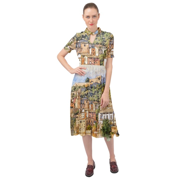 Architecture Town Travel Water Keyhole Neckline Chiffon Dress