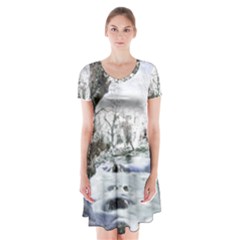 Tree Waterfall Landscape Nature Short Sleeve V-neck Flare Dress by Simbadda