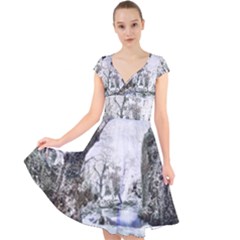 Tree Waterfall Landscape Nature Cap Sleeve Front Wrap Midi Dress