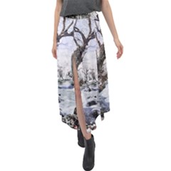 Tree Waterfall Landscape Nature Velour Split Maxi Skirt