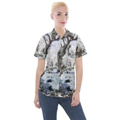 Tree Waterfall Landscape Nature Women s Short Sleeve Pocket Shirt