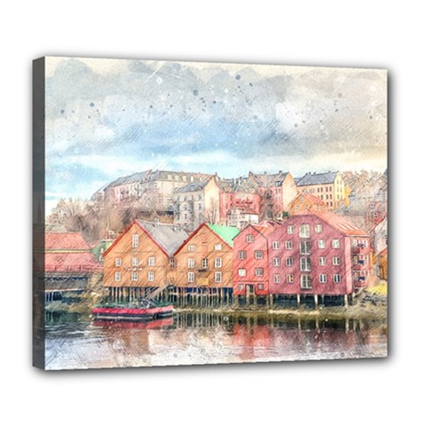 Architecture City Buildings River Deluxe Canvas 24  X 20  (stretched) by Simbadda