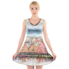 Architecture City Buildings River V-neck Sleeveless Dress by Simbadda