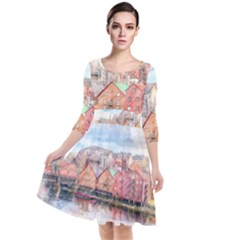 Architecture City Buildings River Quarter Sleeve Waist Band Dress